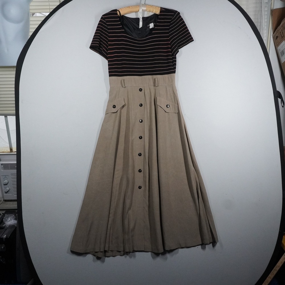 VTG John Roberts 90s Striped Mixed Media Button Midi Dress Tan Black Size 10 USA